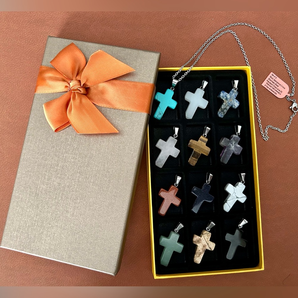 Assorted 12 gemstone Crosses with necklace and Gift Box